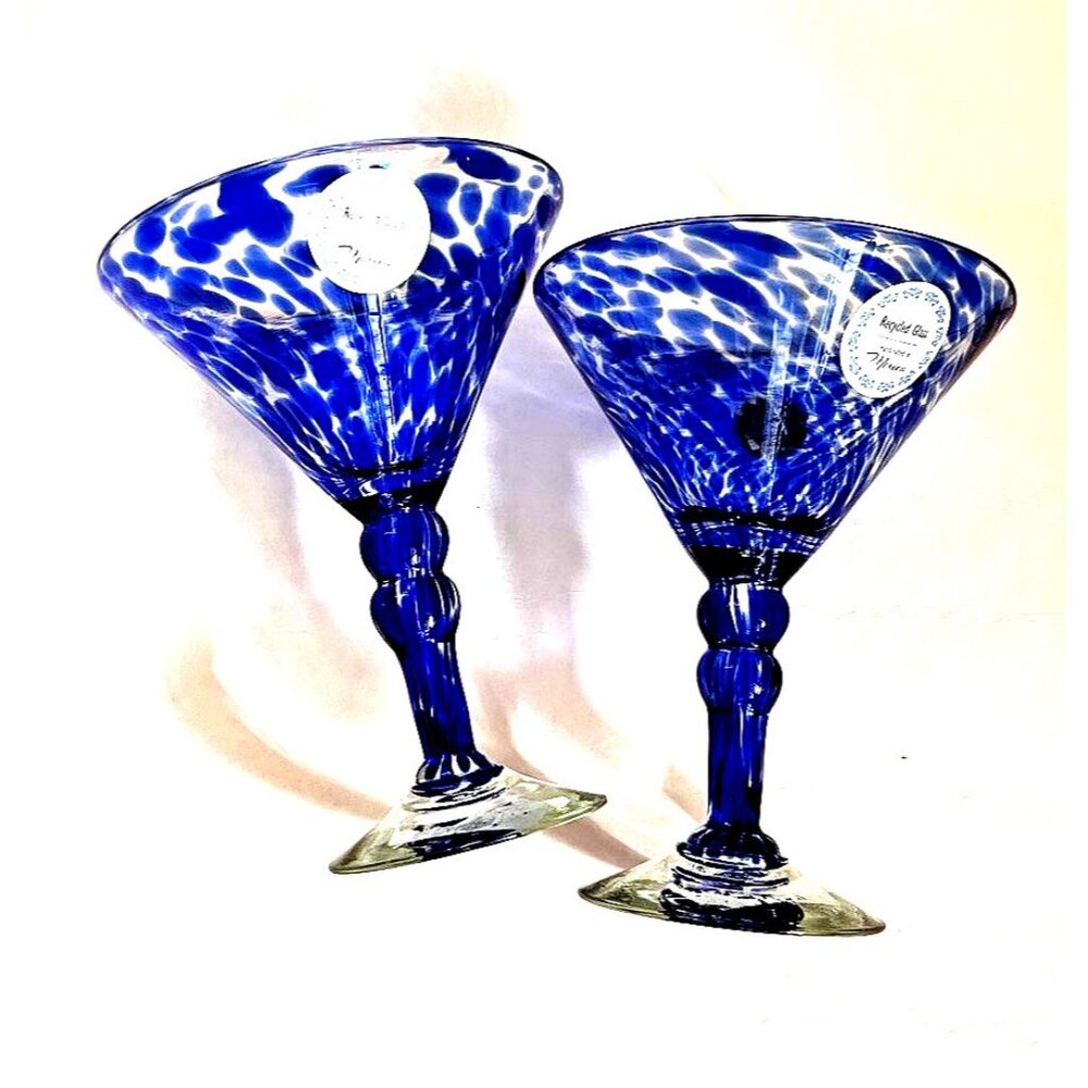 NWT - Set  2 Hand Blown Blue Confetti Martini Margarita Stem Glasses Mexican